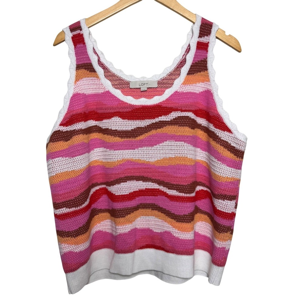 LOFT Knit Tank‎ Top XL Sleeveless Scalloped Trim Pink White Beachy Vacation